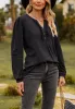 Split V Neck Ruffle Henley Top sold by Anna-Kaci