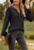 Split V Neck Ruffle Henley Top sold by Anna-Kaci