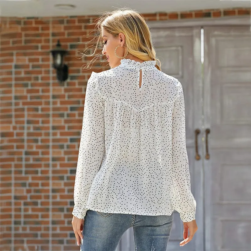 Anna-Kaci Women's Long Sleeve Polka Dot Blouse with High Smocked Neckline and Flowing Relaxed Fit sold by Anna-Kaci product image thumbnail 4