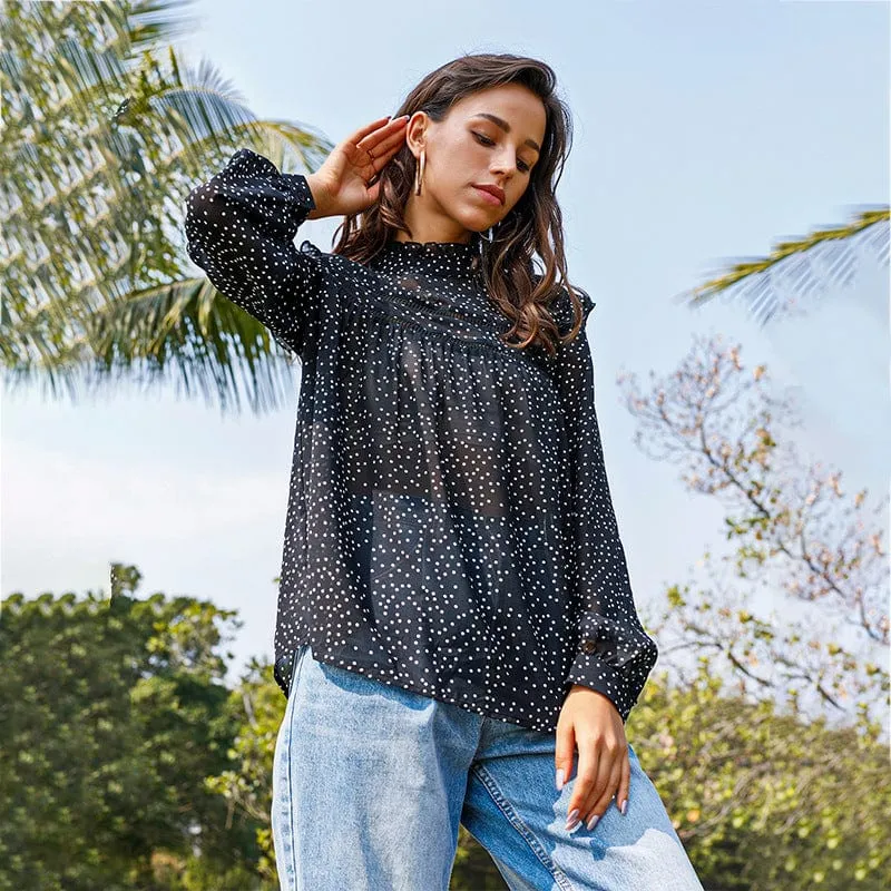 Anna-Kaci Women's Long Sleeve Polka Dot Blouse with High Smocked Neckline and Flowing Relaxed Fit sold by Anna-Kaci