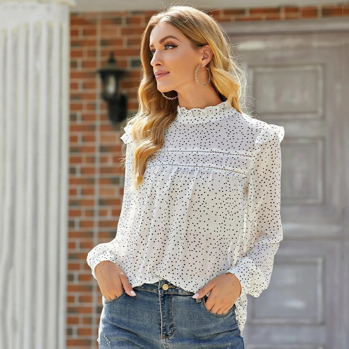 Anna-Kaci Women's Long Sleeve Polka Dot Blouse with High Smocked Neckline and Flowing Relaxed Fit sold by Anna-Kaci product image thumbnail 5