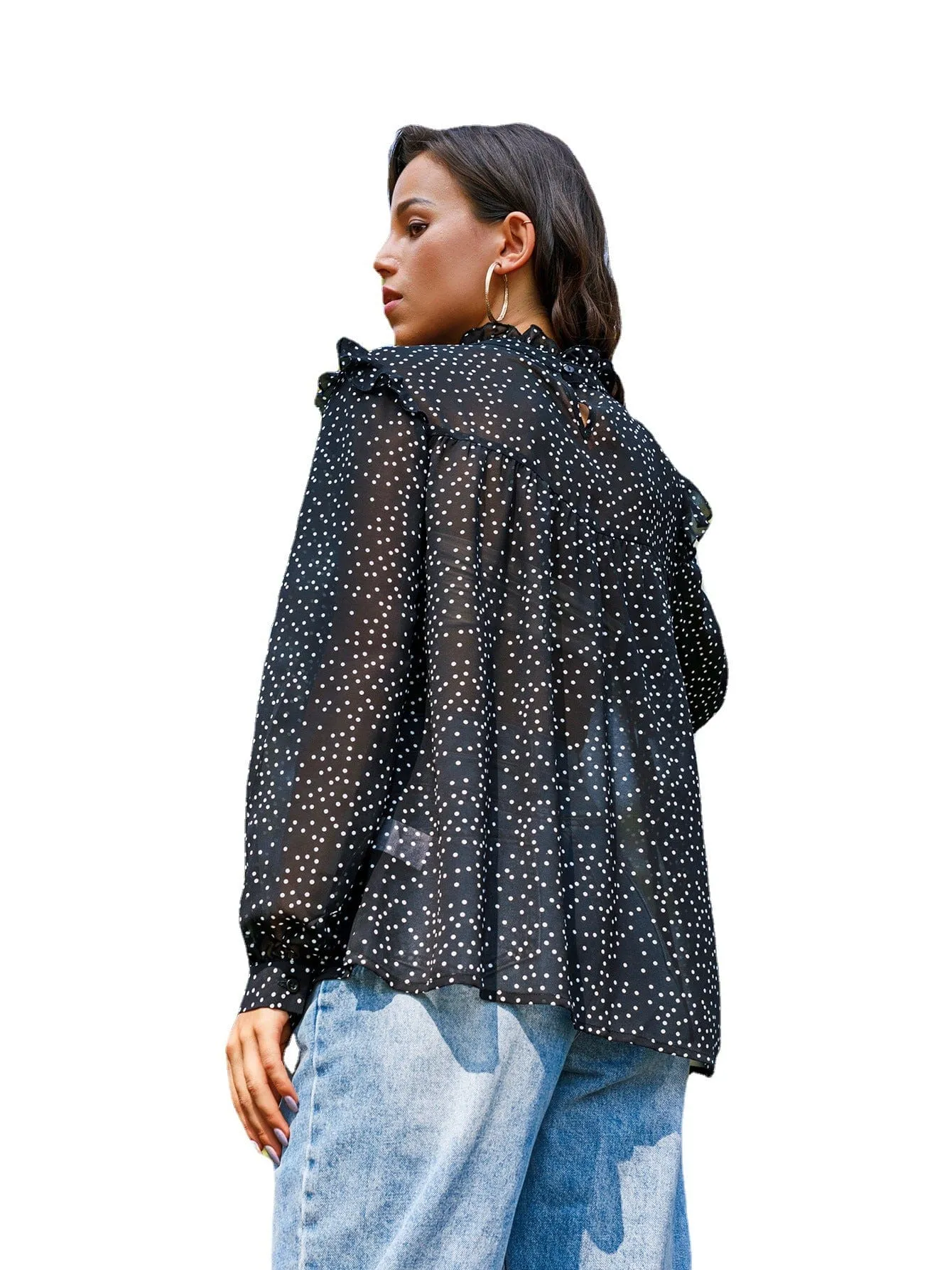 Anna-Kaci Women's Long Sleeve Polka Dot Blouse with High Smocked Neckline and Flowing Relaxed Fit sold by Anna-Kaci product image thumbnail 2