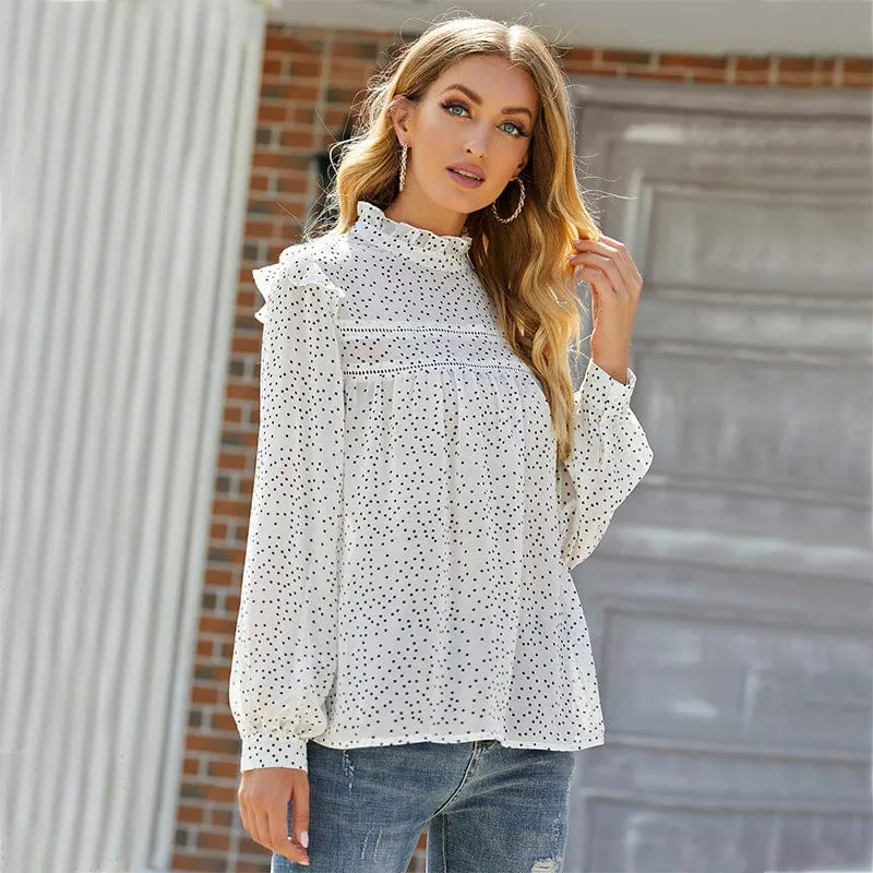 Anna-Kaci Women's Long Sleeve Polka Dot Blouse with High Smocked Neckline and Flowing Relaxed Fit sold by Anna-Kaci product image thumbnail 3