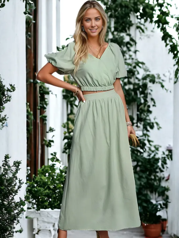 Two Piece Set of Crop Top Blouse And Long Skirt sold by Anna-Kaci