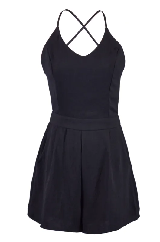 Lush Chic Formal Structured Black Spaghetti Straps Pocket Romper Shorts made by Anna-Kaci