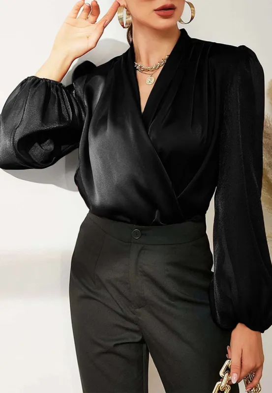 Sheer Bishop Sleeve Surplice Blouse sold by Anna-Kaci
