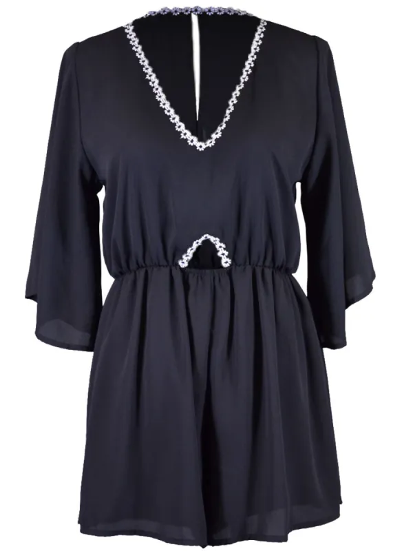 Audrey 3+1 Midnight Girl Slit Back V-Neck Floral Trim Flutter Sleeves Romper sold by Anna-Kaci