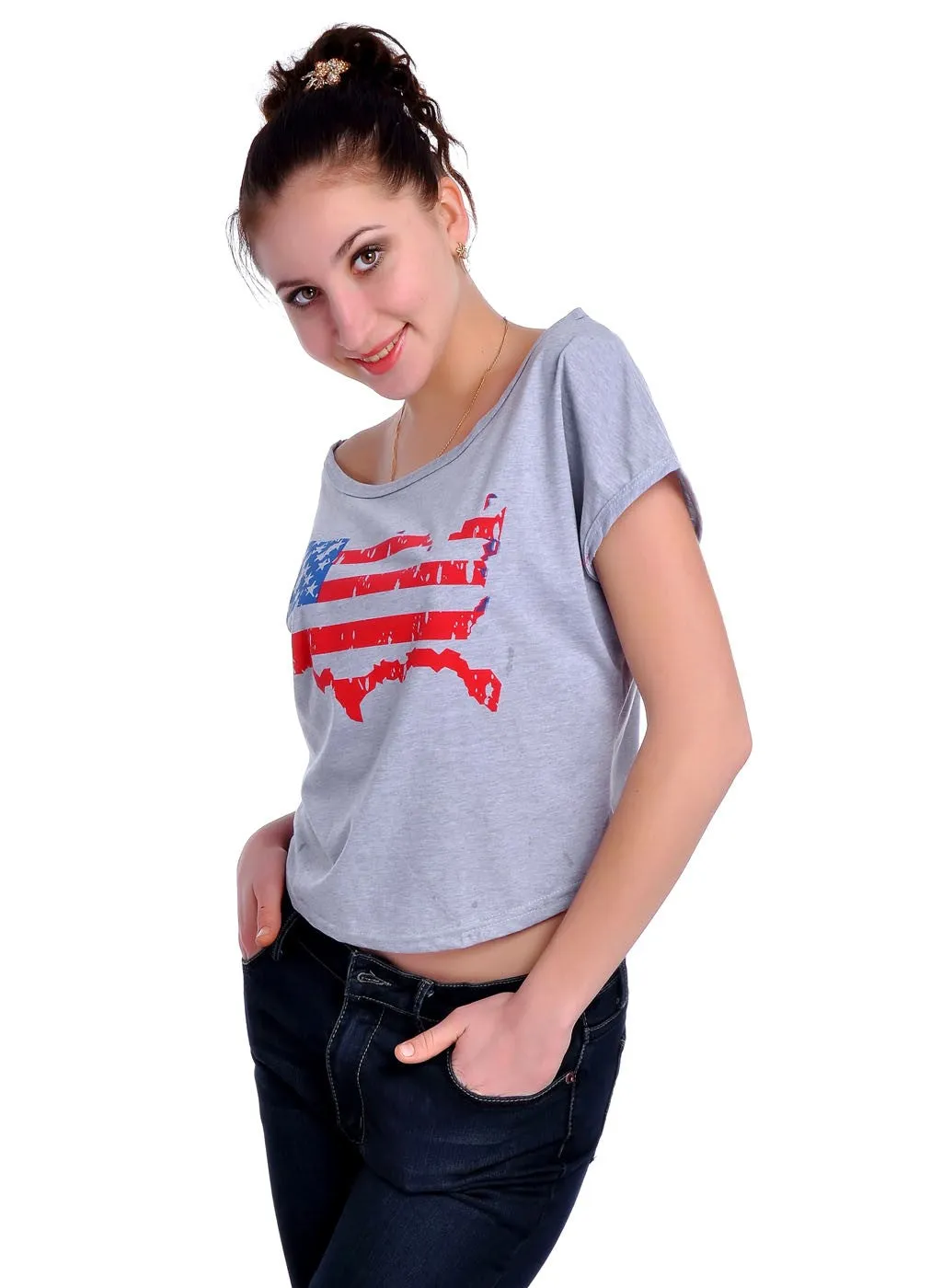 Grey United States of America Shaped Print Flag Colors T-Shirt sold by Anna-Kaci product image thumbnail 3