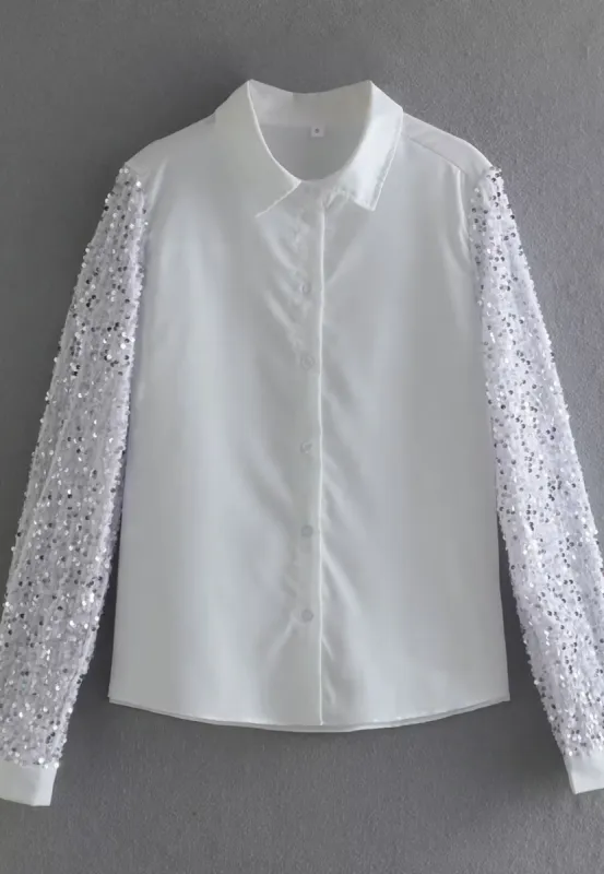 Sequin Long Sleeve Collared Shirt sold by Anna-Kaci