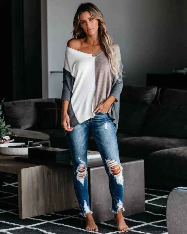 V-neck Patchwork Multicolor One Shoulder Sweater sold by Anna-Kaci