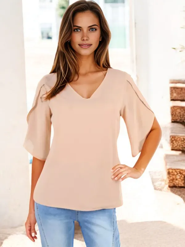 V-Neck Blouse with Split Short Sleeves and Relaxed Fit sold by Anna-Kaci