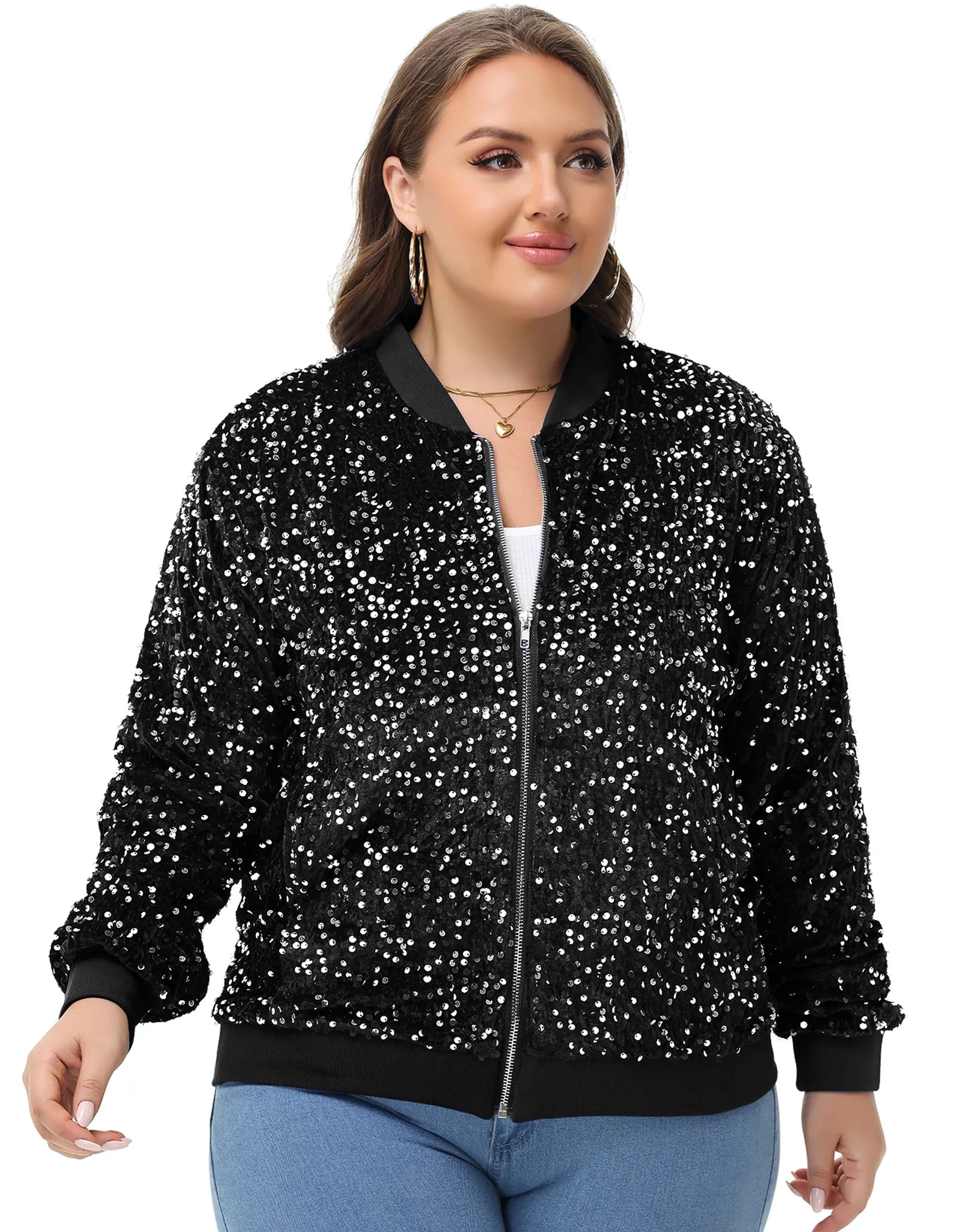 Anna-Kaci Women's Sequin Jacket Plus Size Sparkly Zip Bomber Coat With Pockets For Concert Party sold by Anna-Kaci product image thumbnail 5