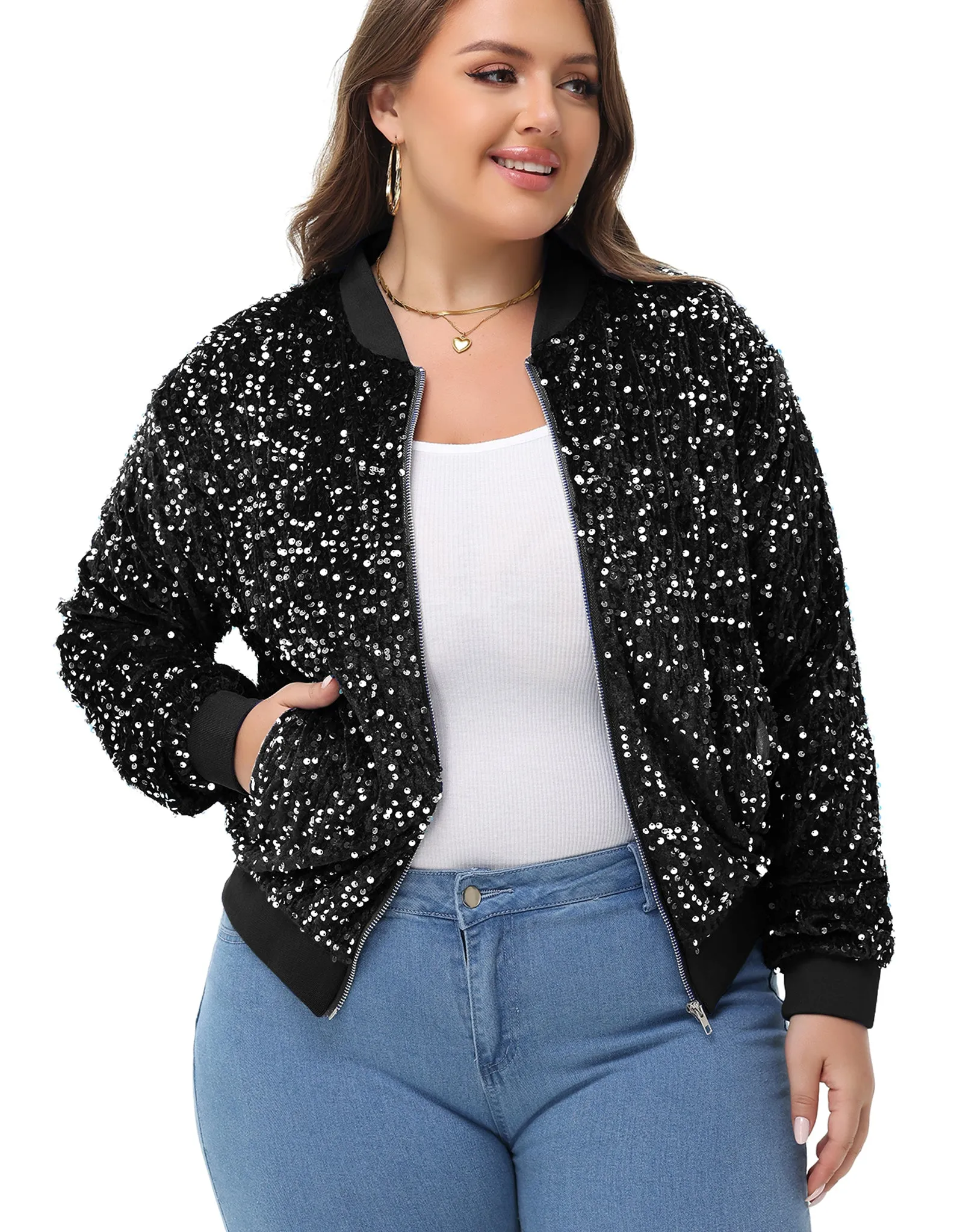 Anna-Kaci Women's Sequin Jacket Plus Size Sparkly Zip Bomber Coat With Pockets For Concert Party sold by Anna-Kaci product image thumbnail 2