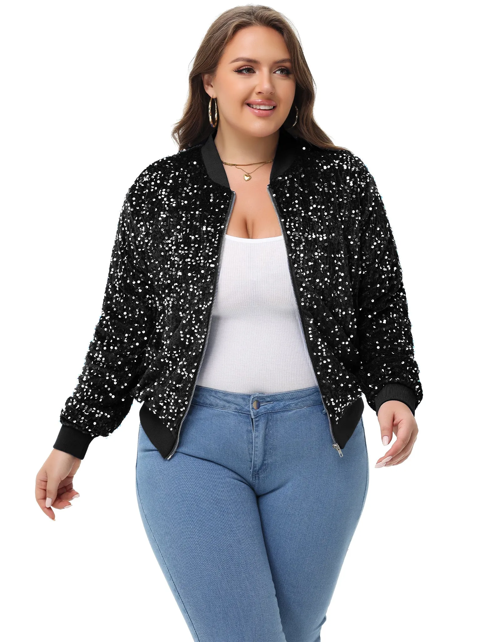 Anna-Kaci Women's Sequin Jacket Plus Size Sparkly Zip Bomber Coat With Pockets For Concert Party sold by Anna-Kaci product image thumbnail 3