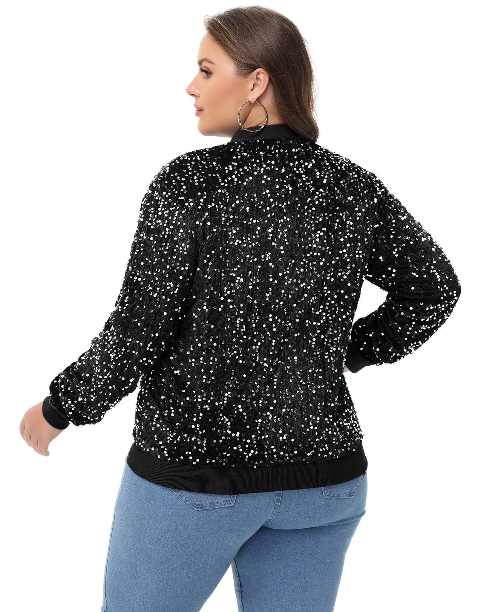 Anna-Kaci Women's Sequin Jacket Plus Size Sparkly Zip Bomber Coat With Pockets For Concert Party sold by Anna-Kaci product image thumbnail 4