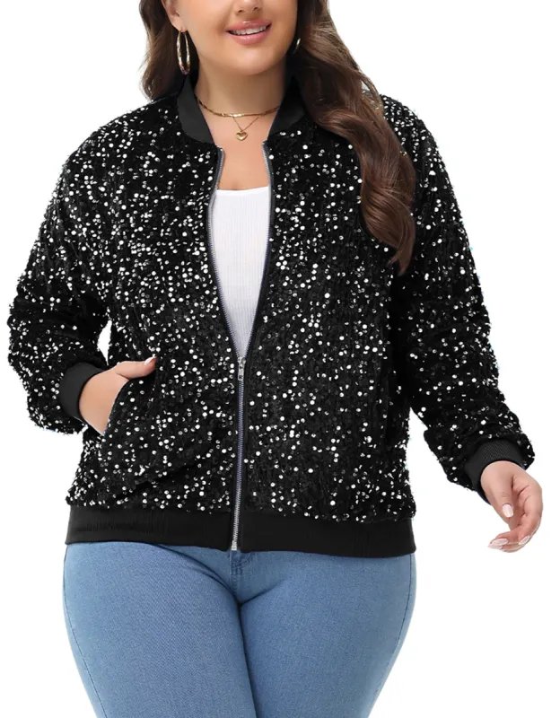Anna-Kaci Women's Sequin Jacket Plus Size Sparkly Zip Bomber Coat With Pockets For Concert Party sold by Anna-Kaci