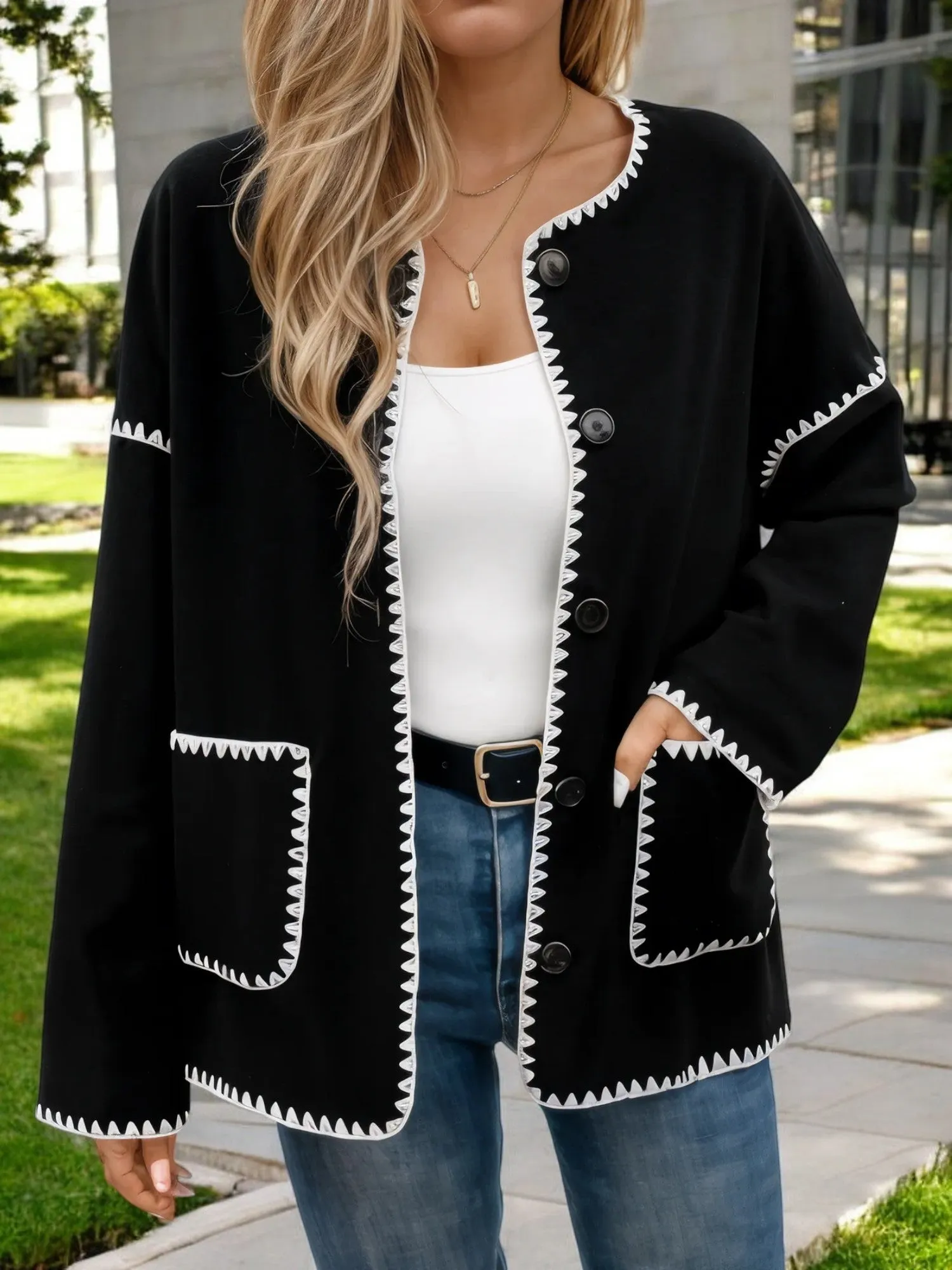 Contrast Trim Button-Up Cardigan with Front Pockets sold by Anna-Kaci product image thumbnail 5