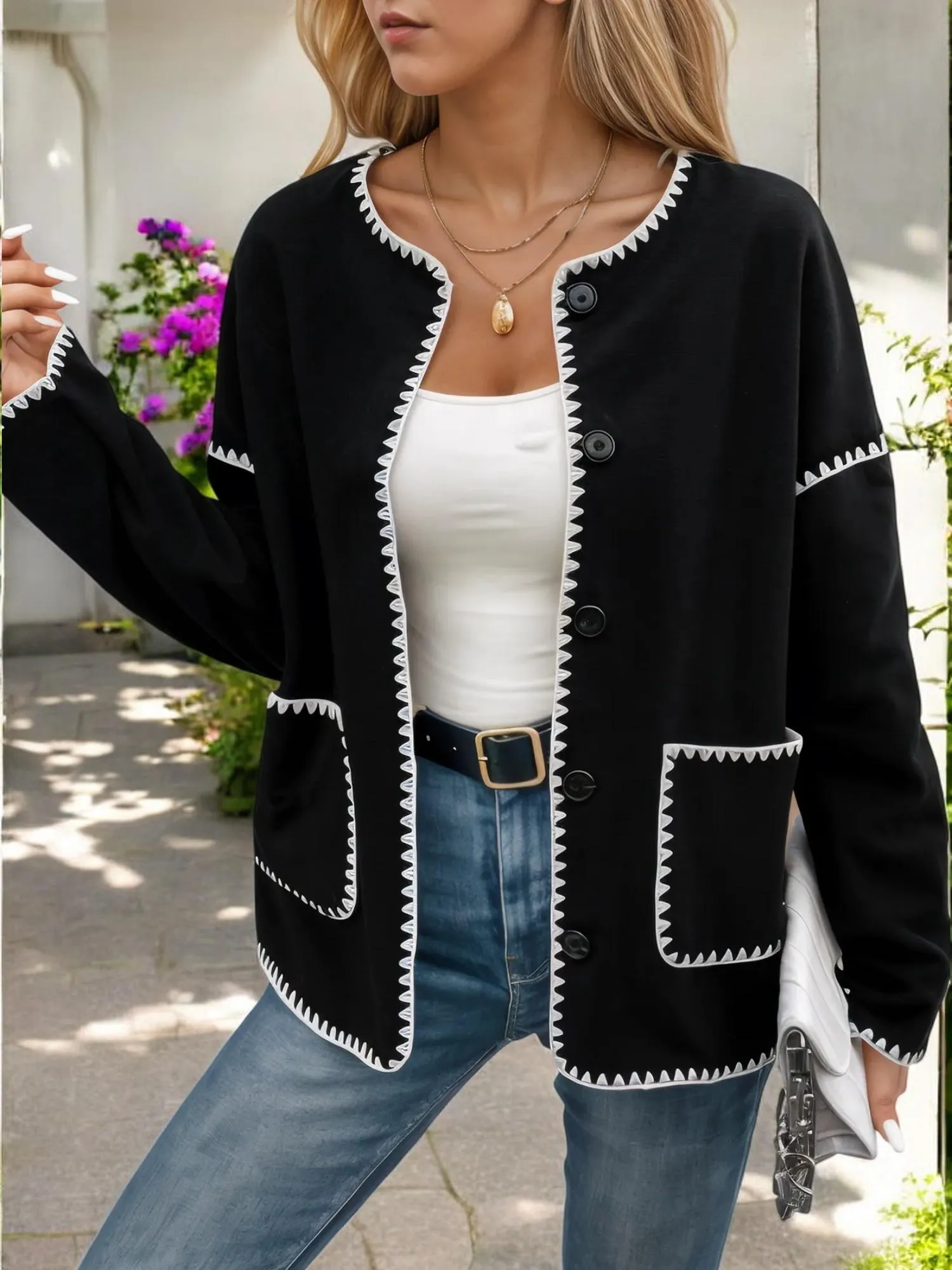 Contrast Trim Button-Up Cardigan with Front Pockets sold by Anna-Kaci product image thumbnail 3