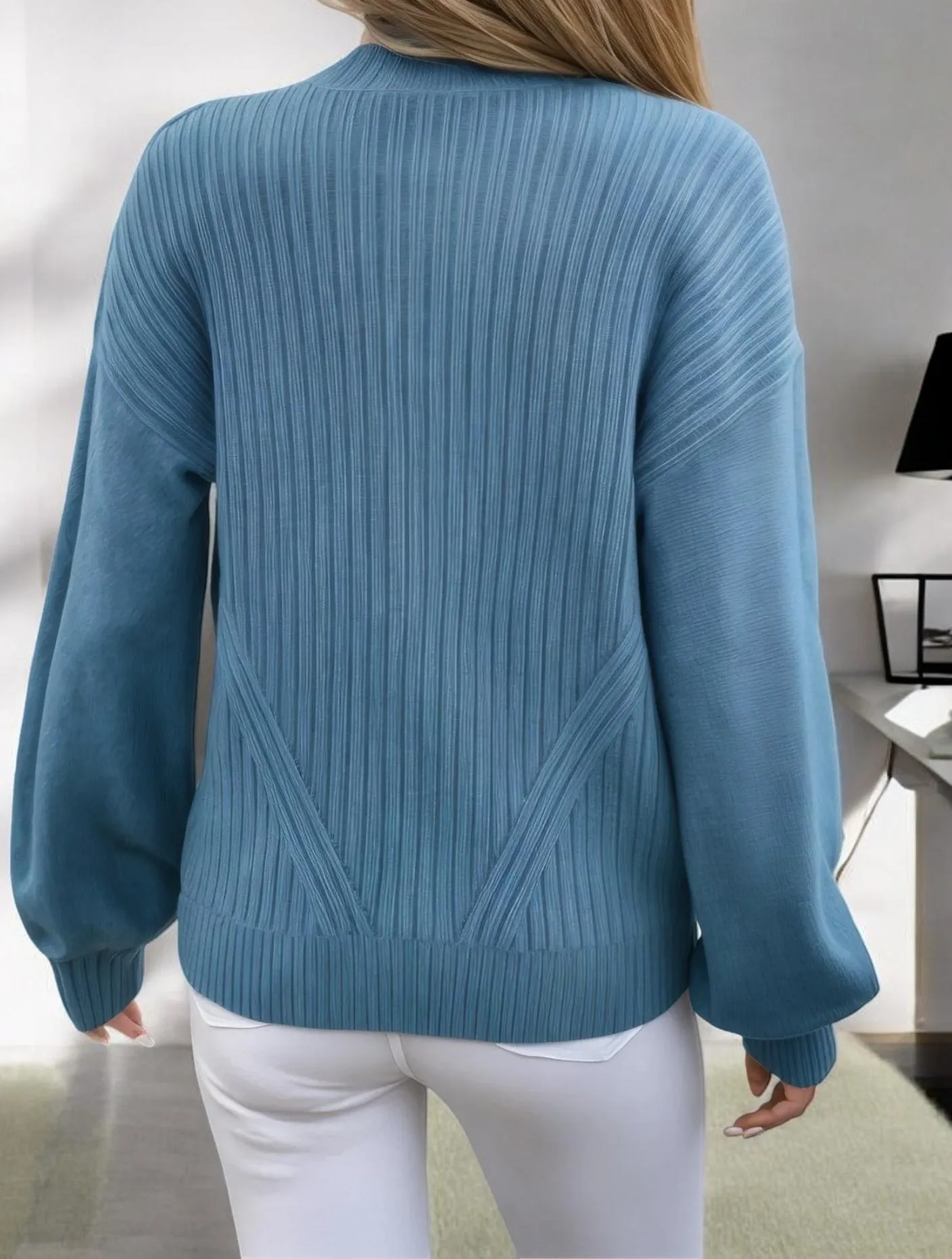 Ribbed Knit Zip-Up Cardigan with High Collar sold by Anna-Kaci product image thumbnail 3
