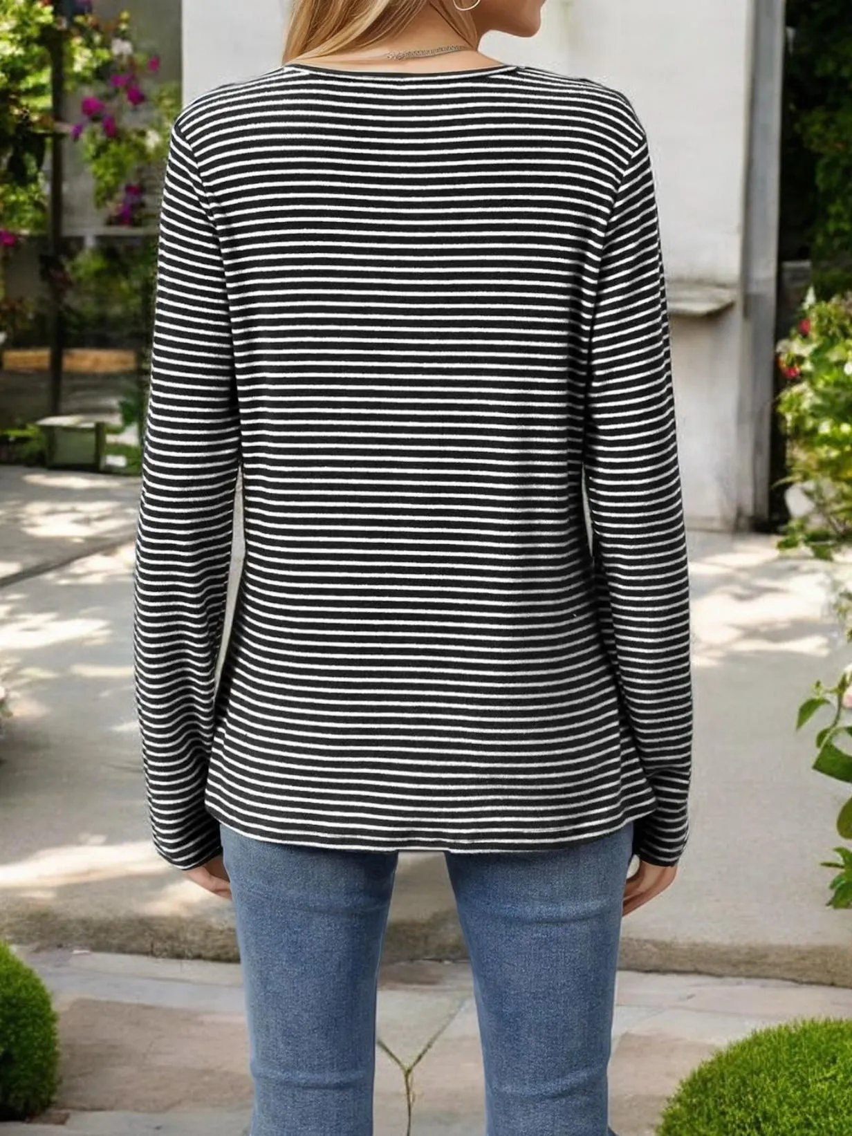Striped Long Sleeve Henley Top with Button Details sold by Anna-Kaci product image thumbnail 3