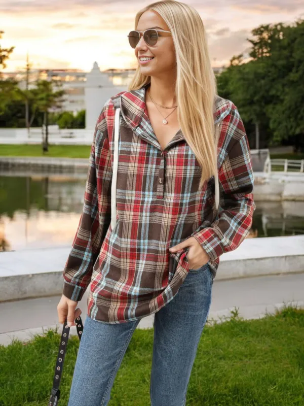 Plaid Hooded Button-Up Shirt with Drawstring Detail made by Anna-Kaci