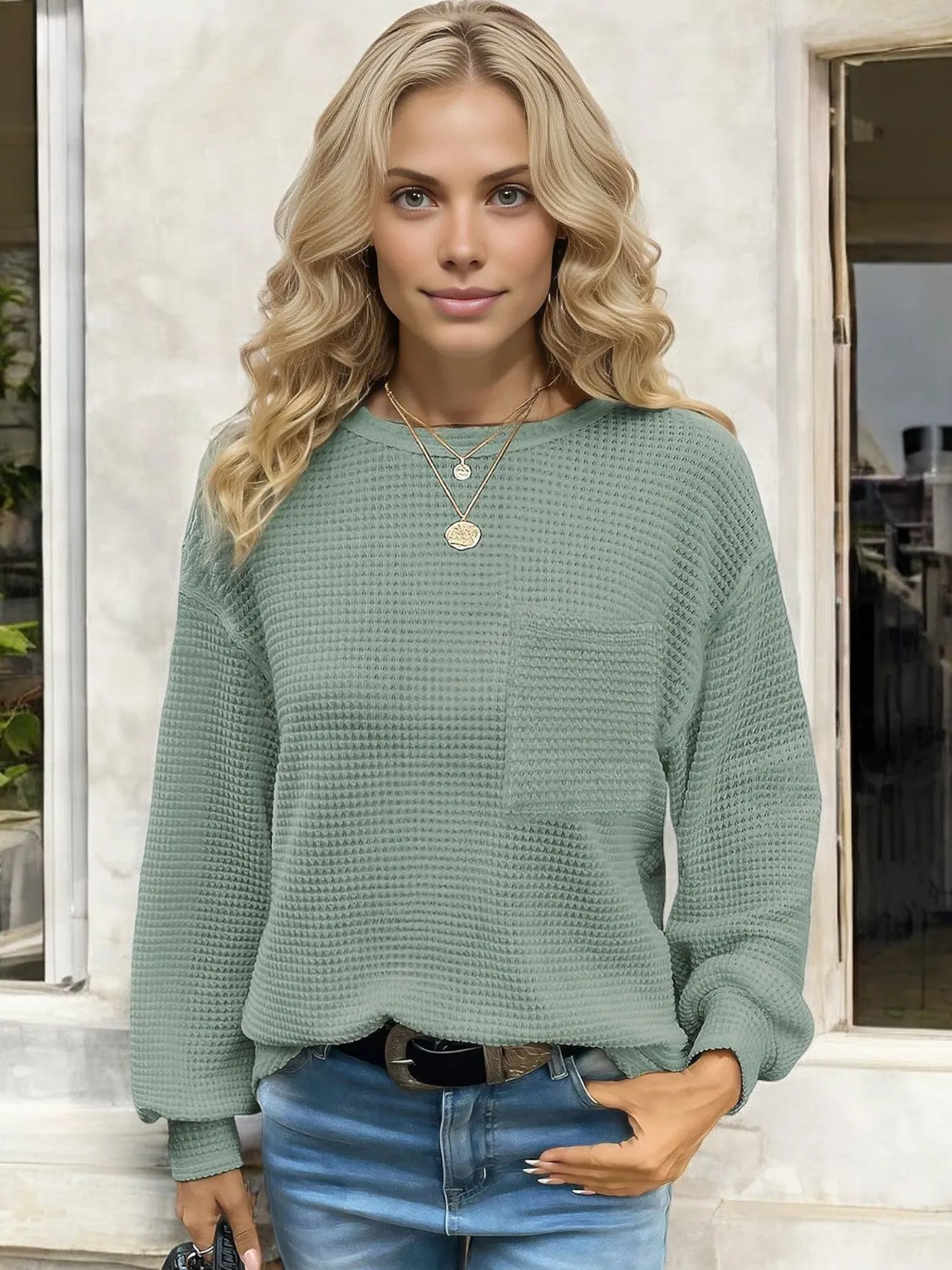 Waffle Knit Long Sleeve Top with Front Pocket and Relaxed Fit sold by Anna-Kaci product image thumbnail 4