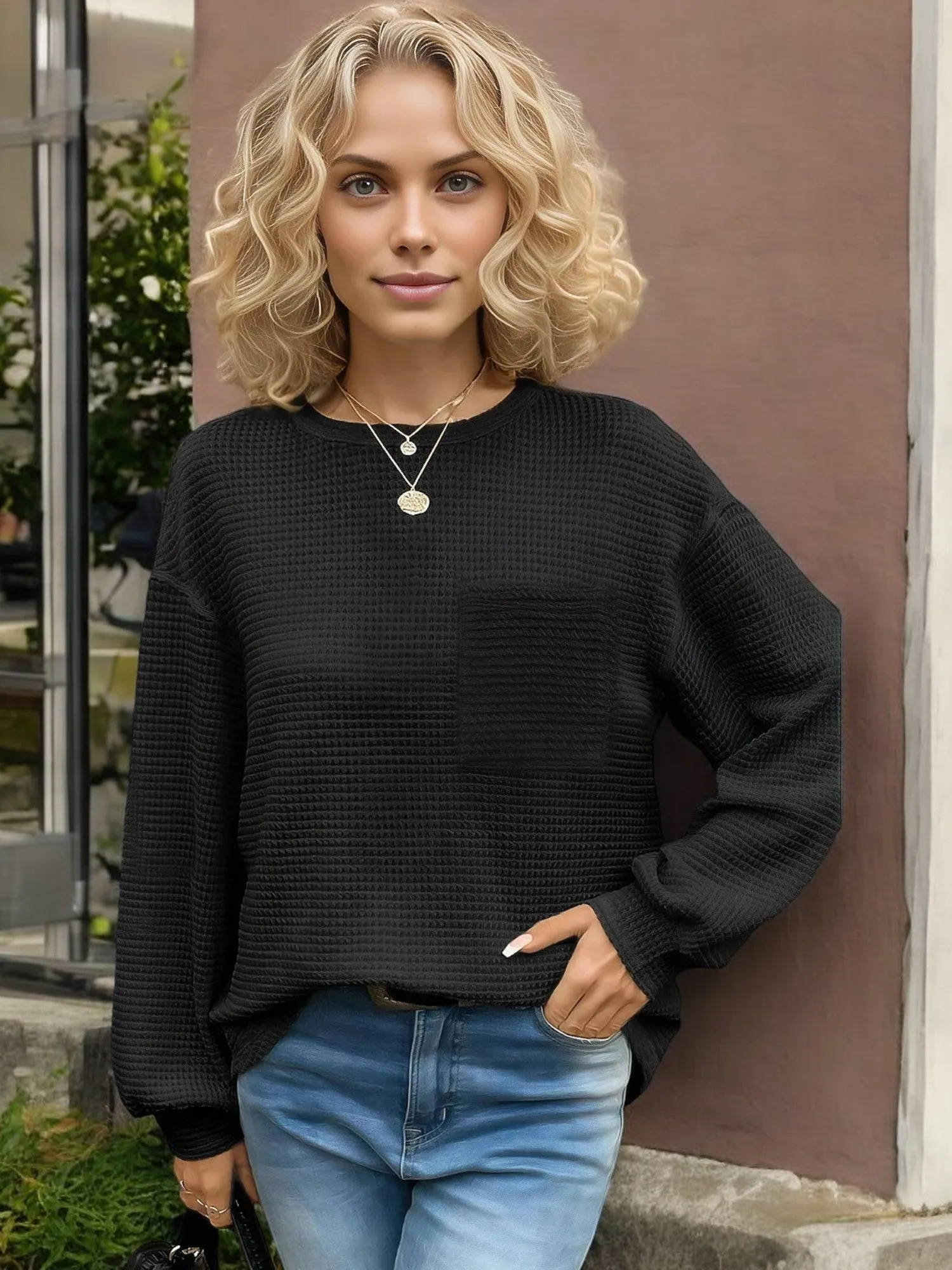 Waffle Knit Long Sleeve Top with Front Pocket and Relaxed Fit sold by Anna-Kaci