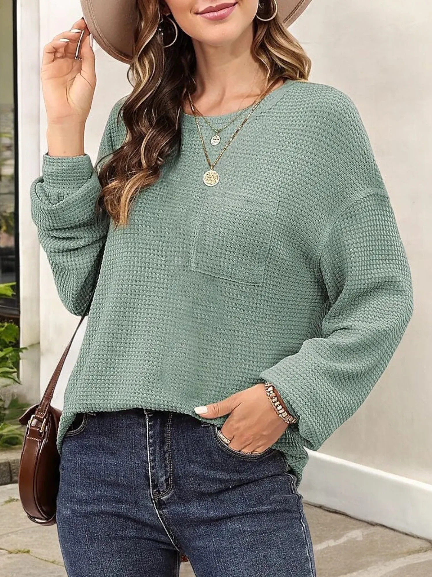 Waffle Knit Long Sleeve Top with Front Pocket and Relaxed Fit sold by Anna-Kaci product image thumbnail 5