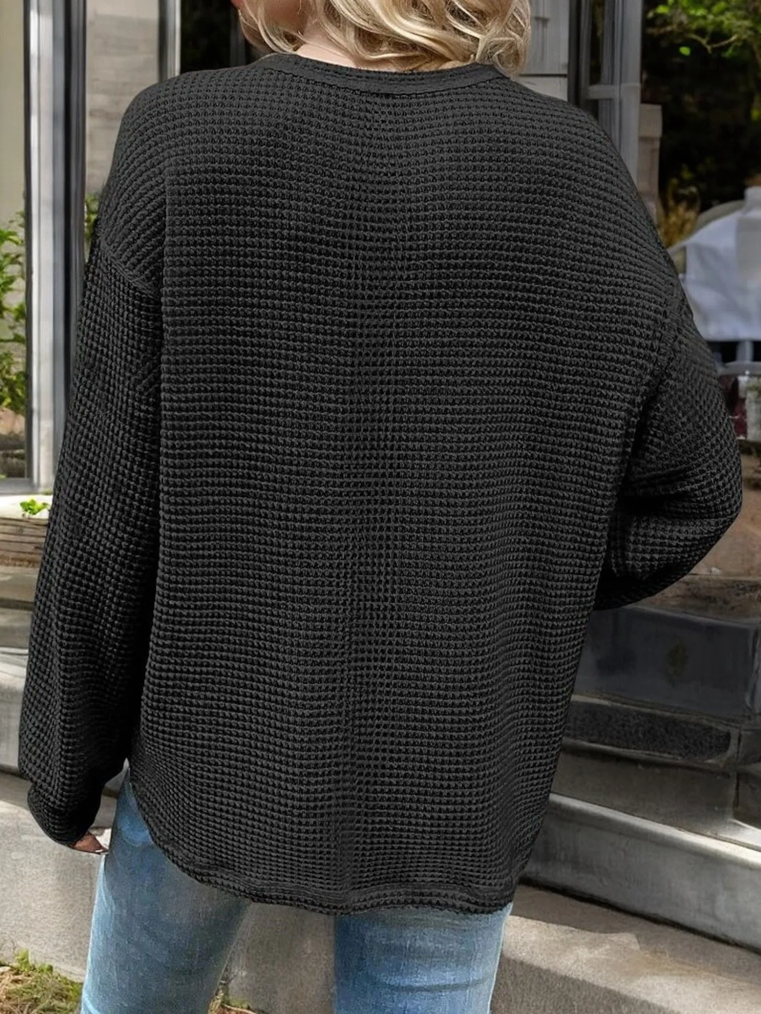 Waffle Knit Long Sleeve Top with Front Pocket and Relaxed Fit sold by Anna-Kaci product image thumbnail 2