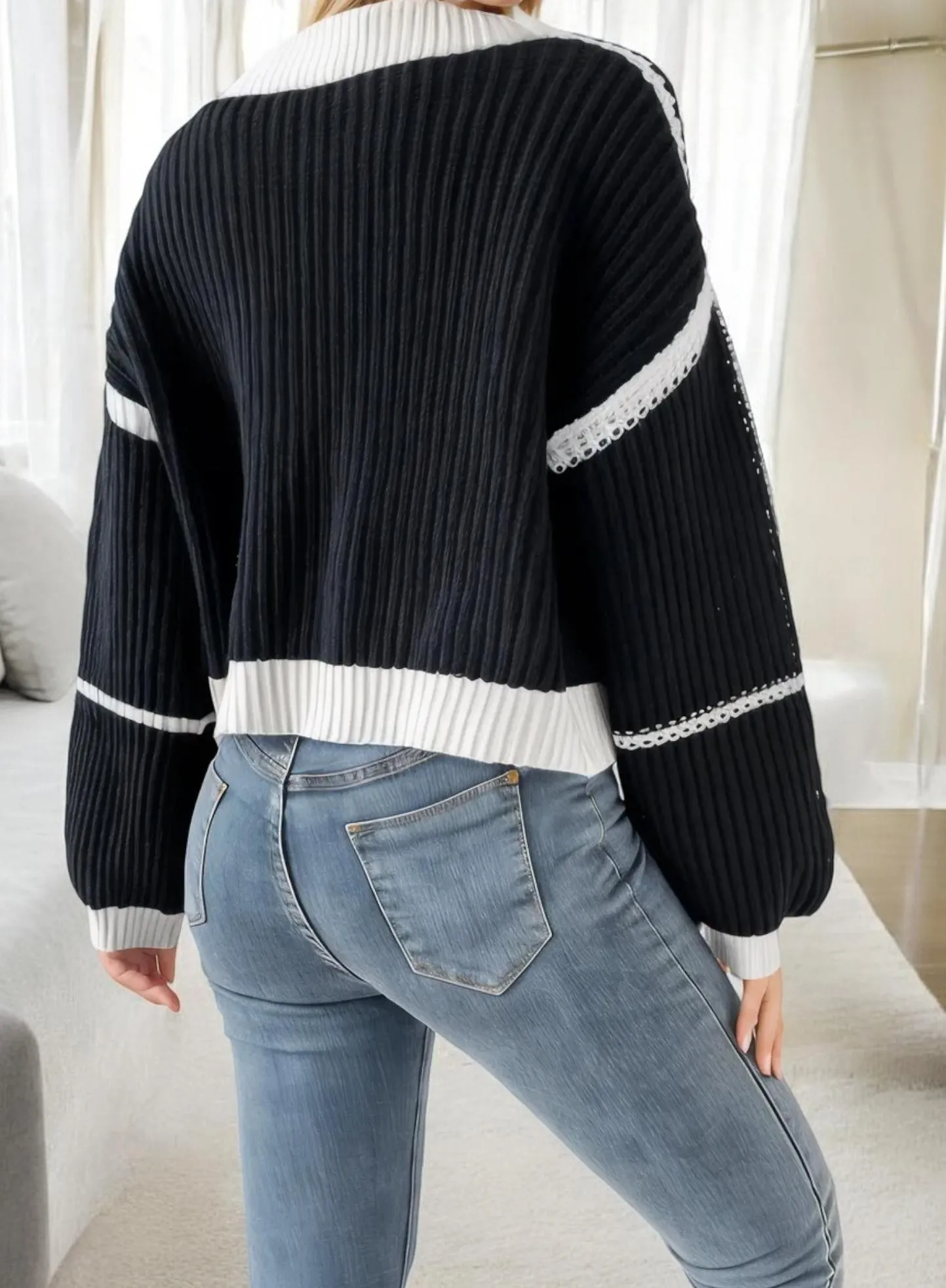 Open Front Plaid Knit Cardigan with Balloon Sleeves sold by Anna-Kaci product image thumbnail 5