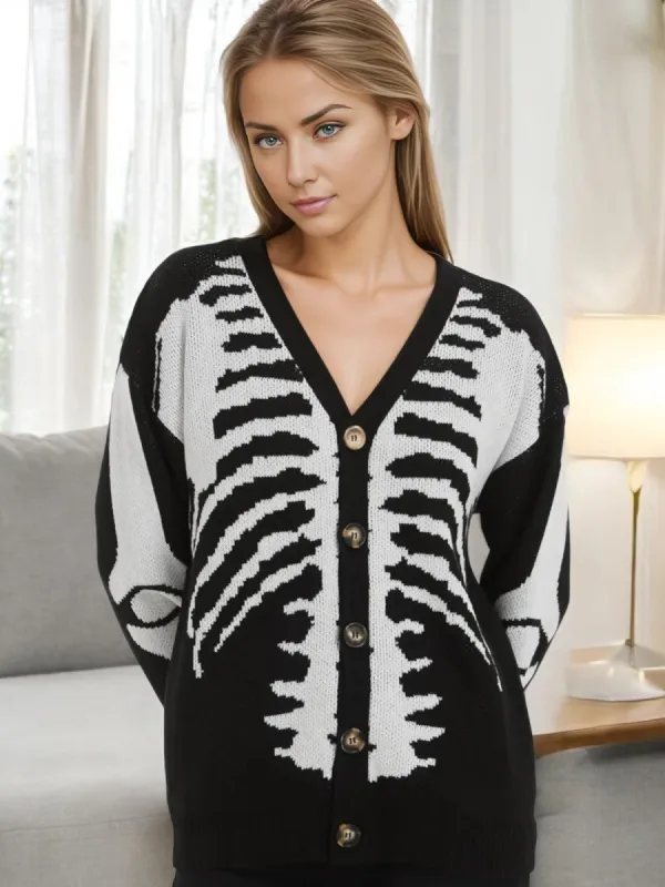 Skeleton Print Button-Up Cardigan with V-Neck sold by Anna-Kaci