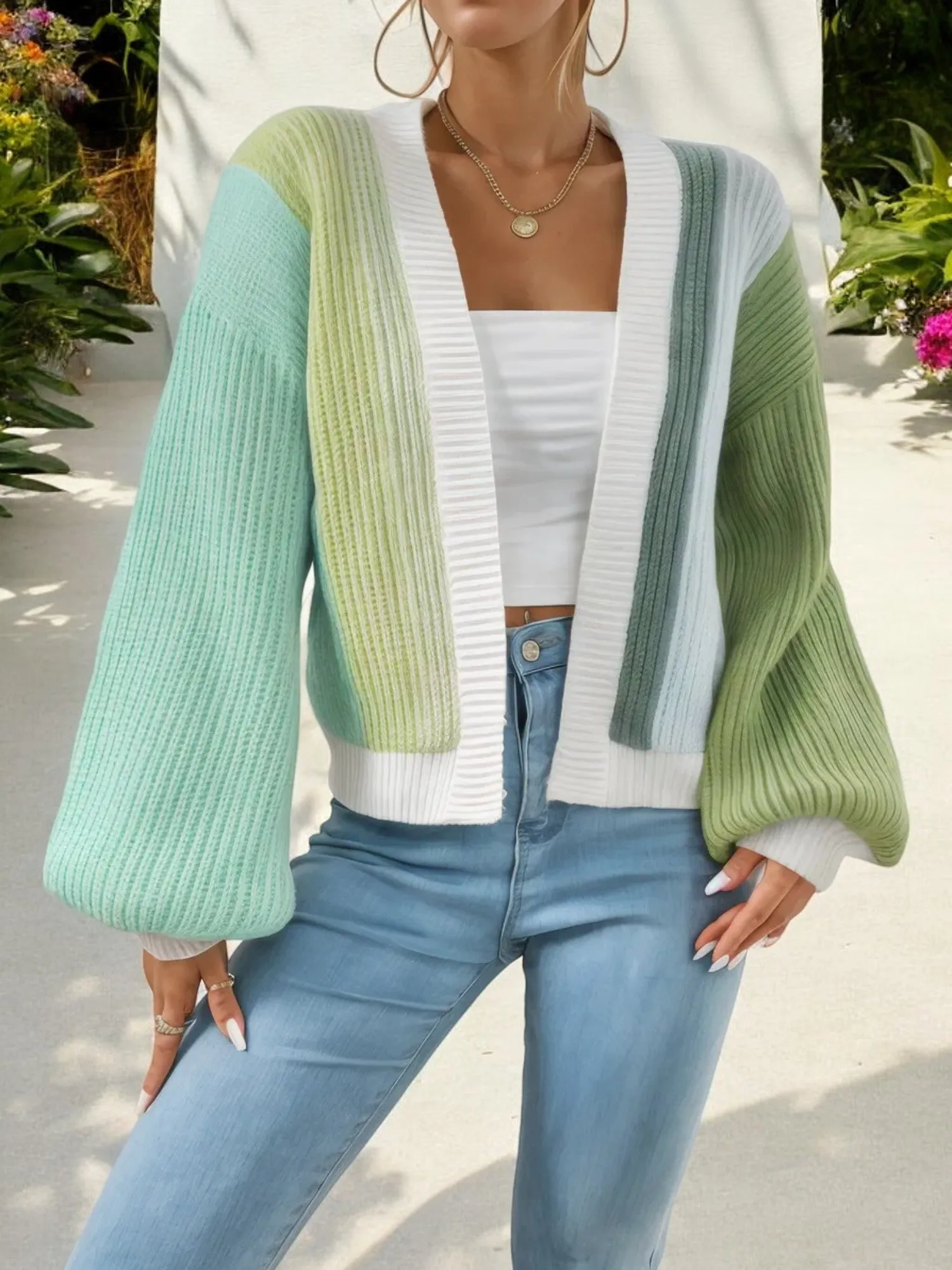 Colorblock Open Front Cardigan with Balloon Sleeves sold by Anna-Kaci product image thumbnail 2