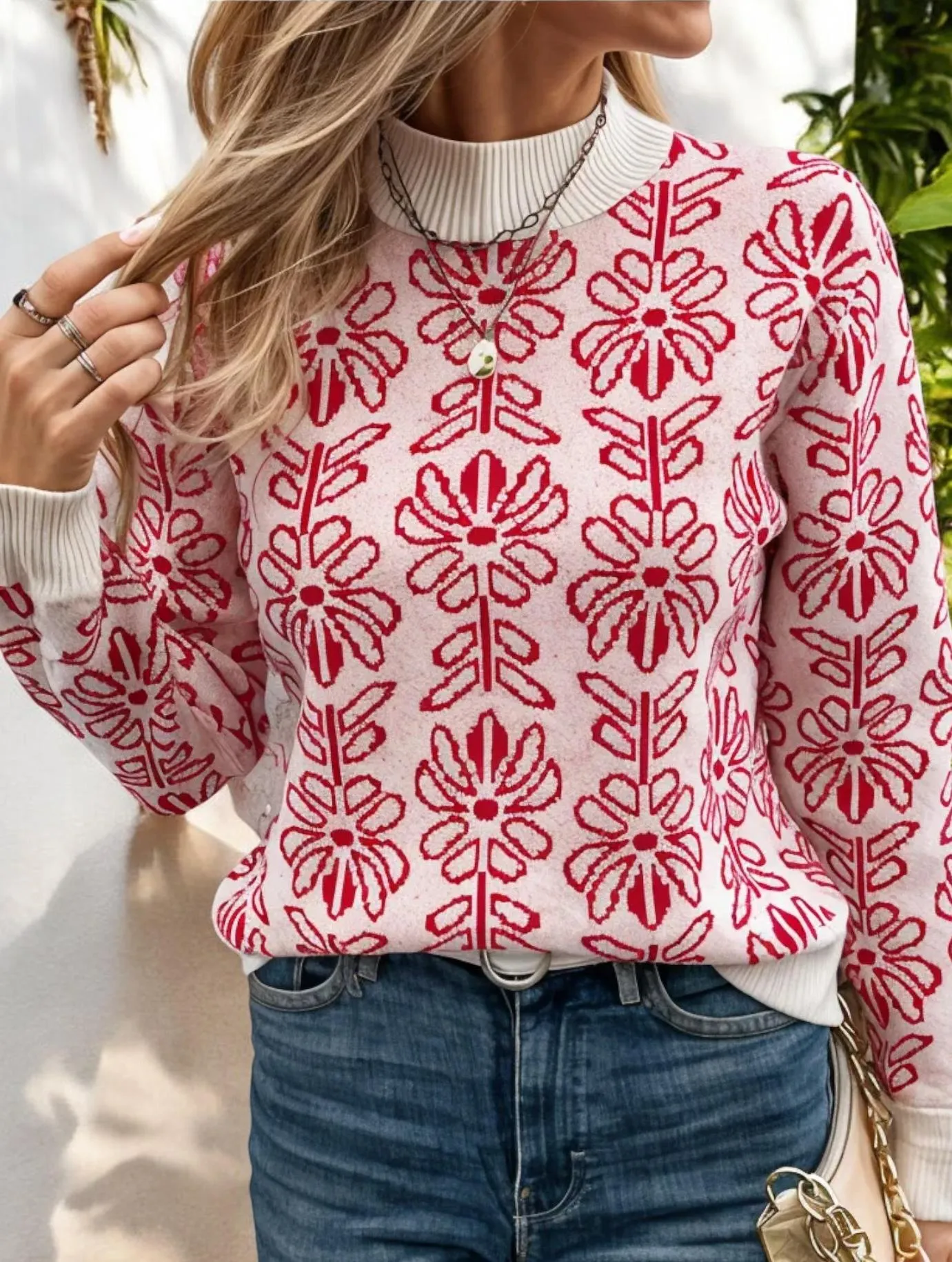 Floral Patterned Knit Sweater with Contrast Trim sold by Anna-Kaci product image thumbnail 4