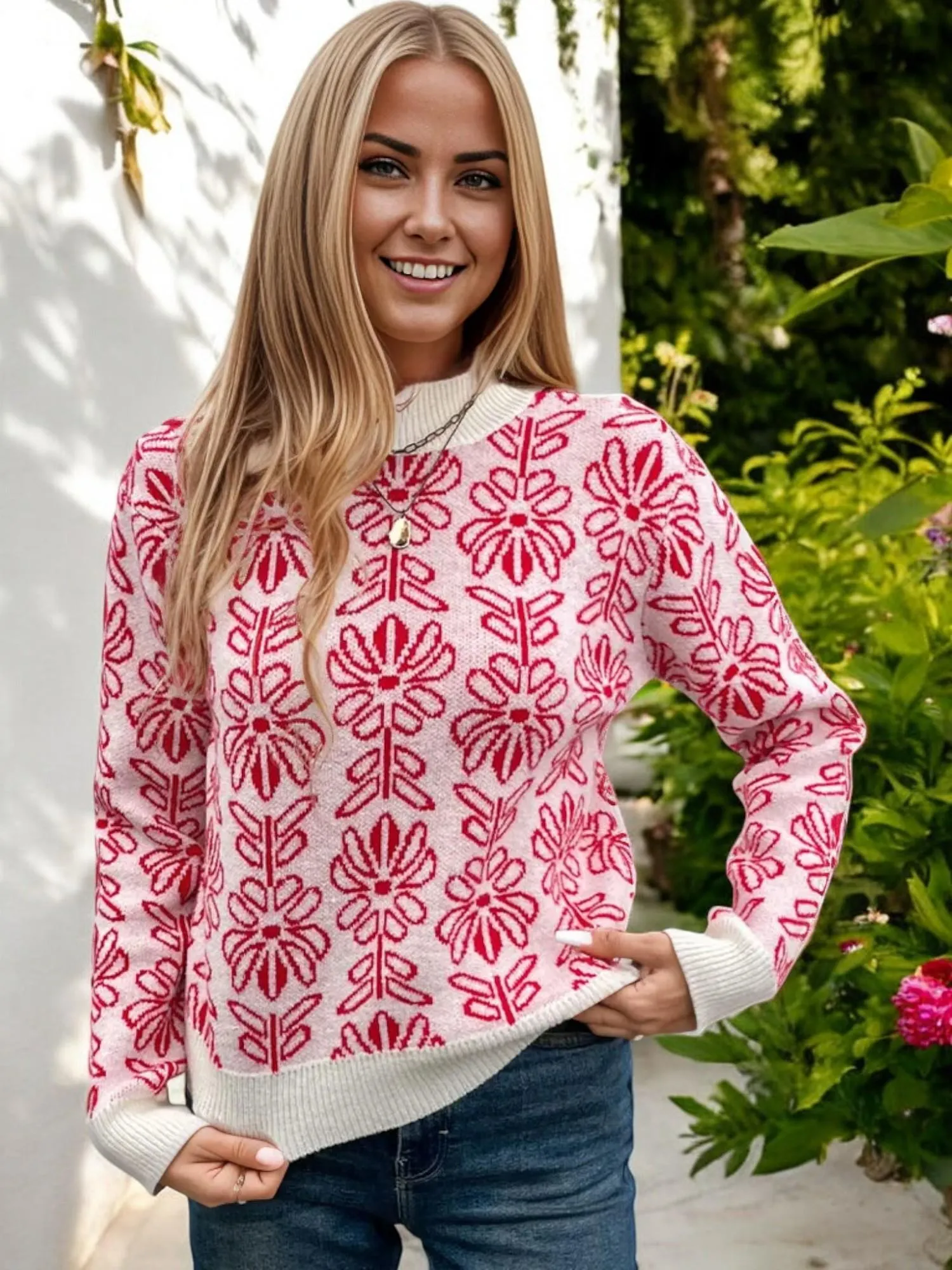 Floral Patterned Knit Sweater with Contrast Trim sold by Anna-Kaci