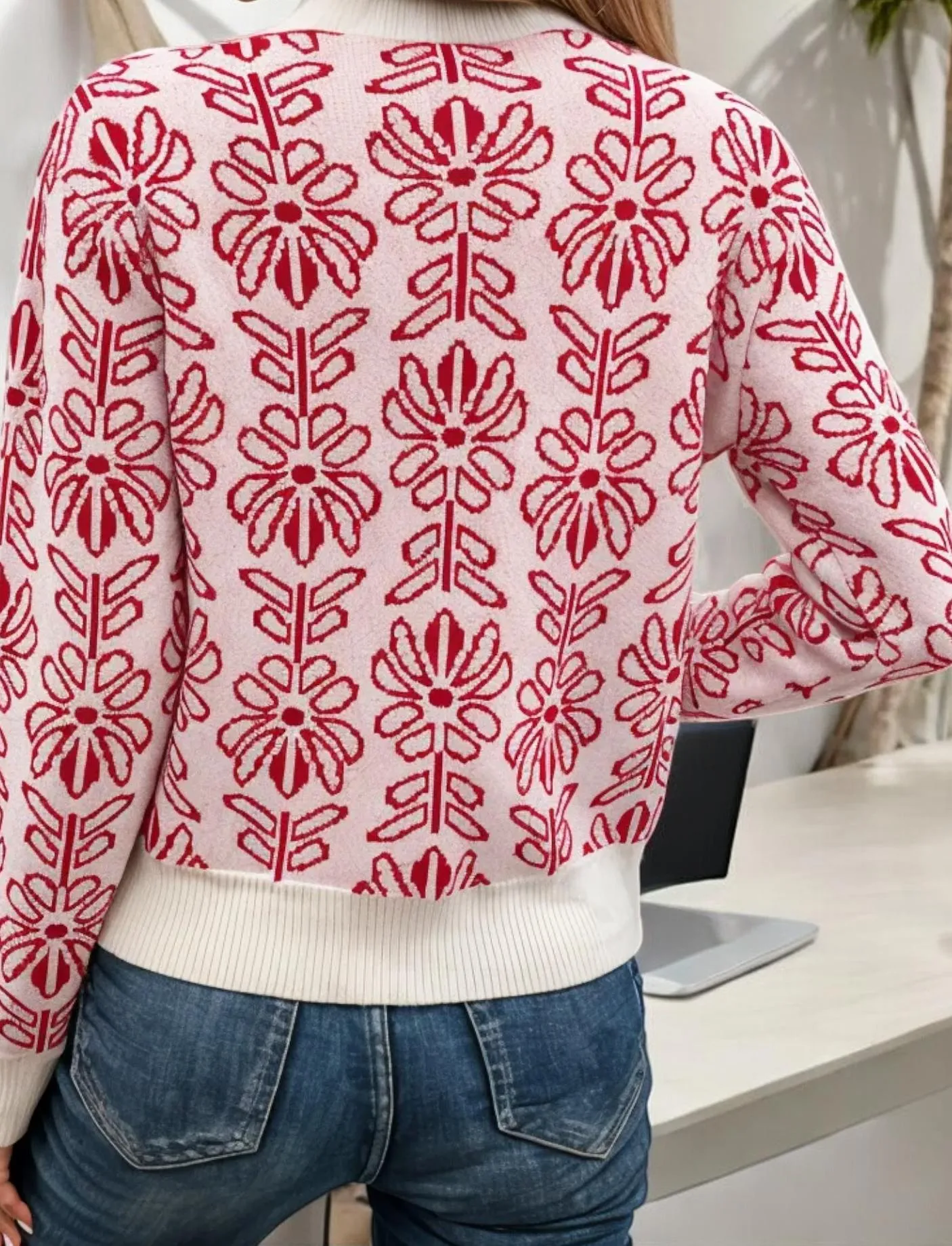 Floral Patterned Knit Sweater with Contrast Trim sold by Anna-Kaci product image thumbnail 2