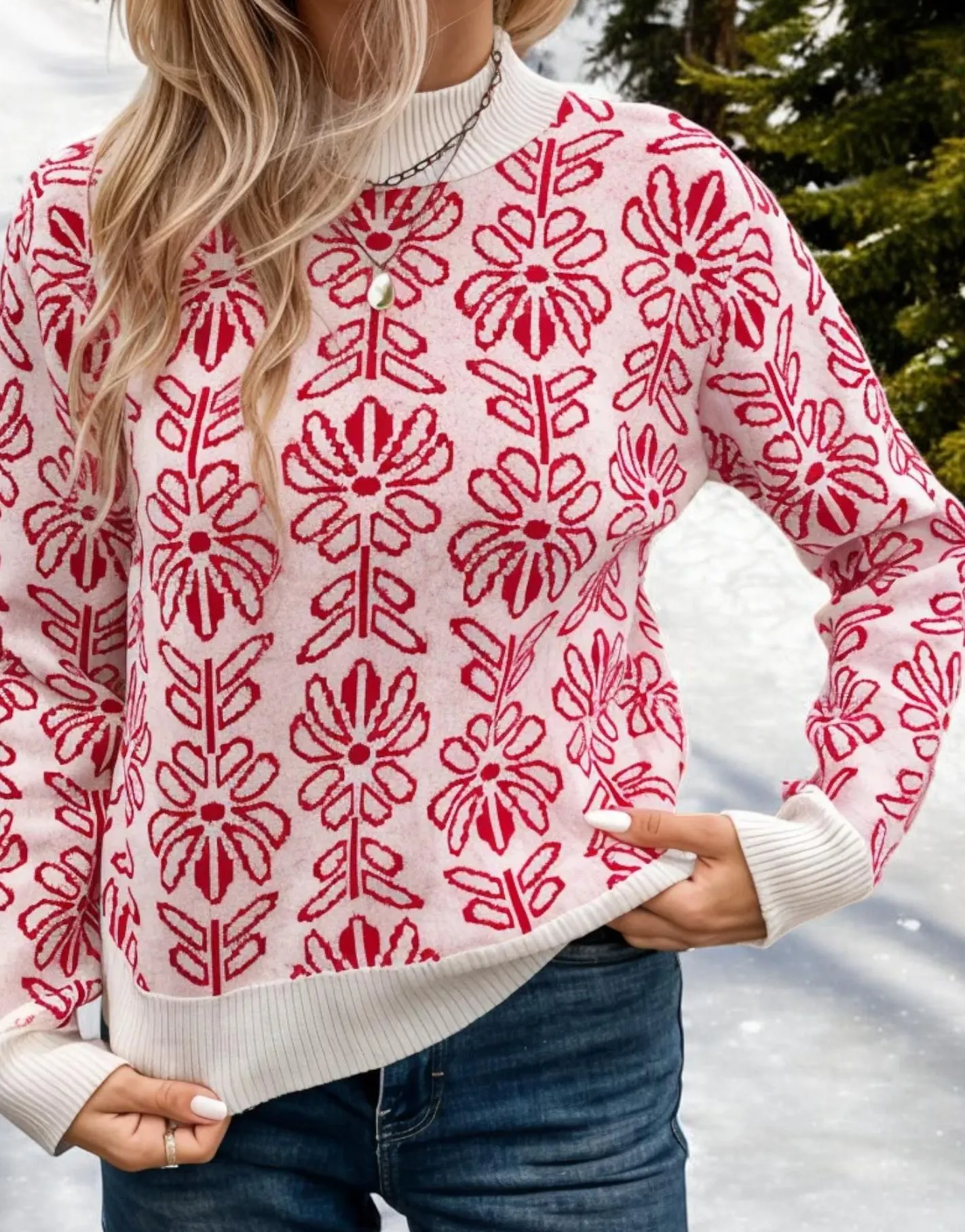 Floral Patterned Knit Sweater with Contrast Trim sold by Anna-Kaci product image thumbnail 3