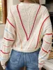 Striped Knit Sweater with Chevron Detail and Crew Neck sold by Anna-Kaci