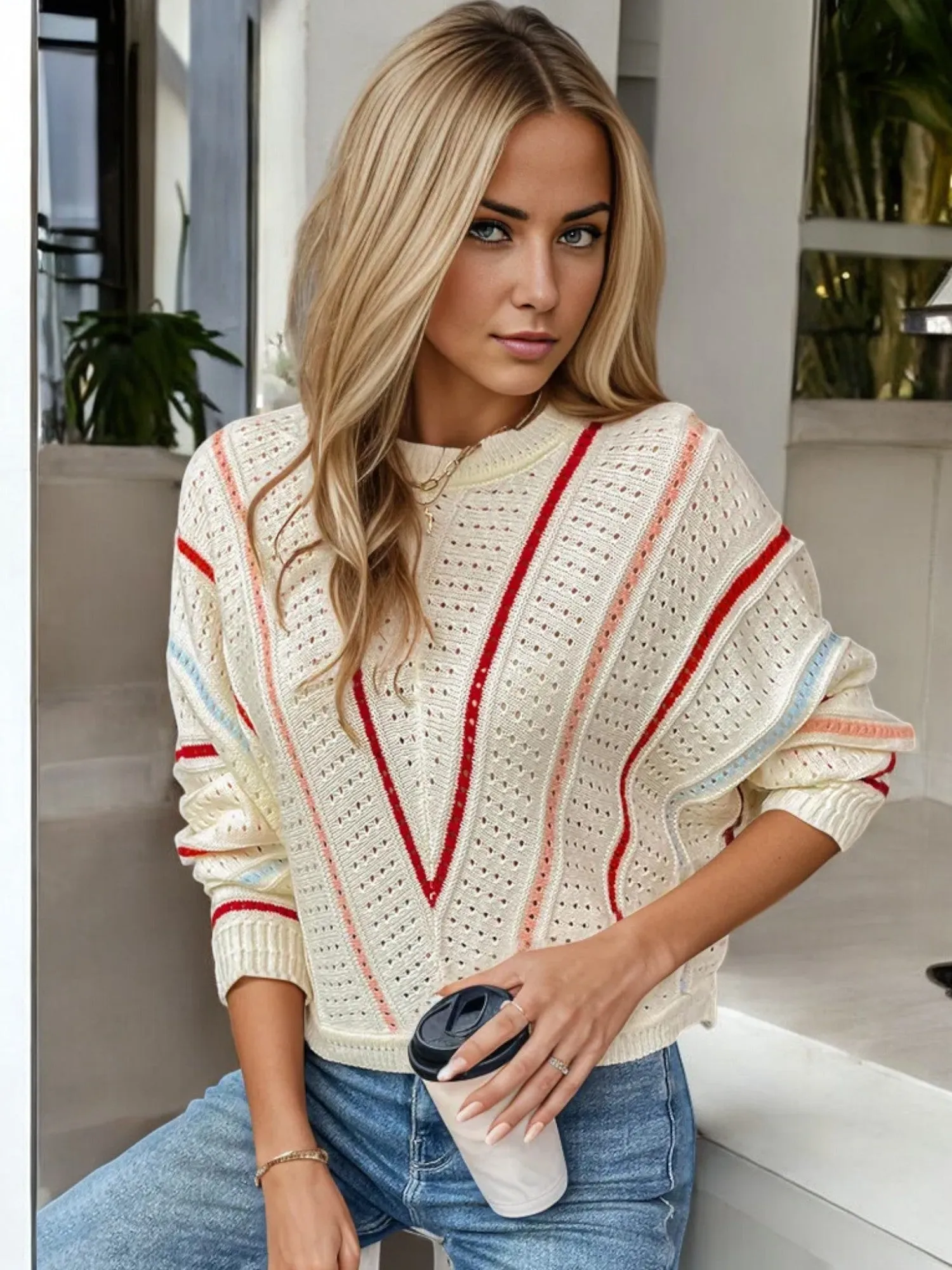 Striped Knit Sweater with Chevron Detail and Crew Neck sold by Anna-Kaci