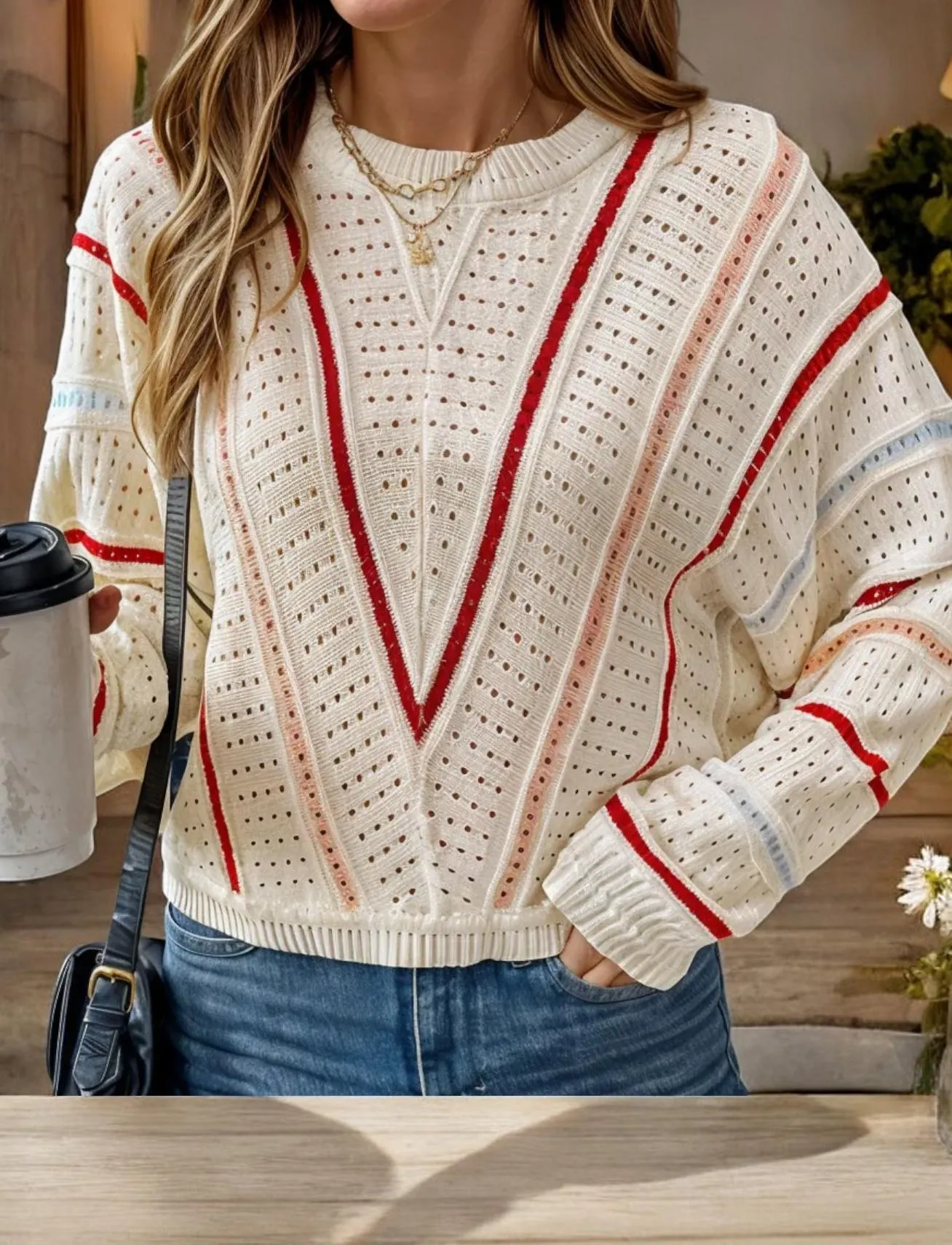 Striped Knit Sweater with Chevron Detail and Crew Neck sold by Anna-Kaci product image thumbnail 3