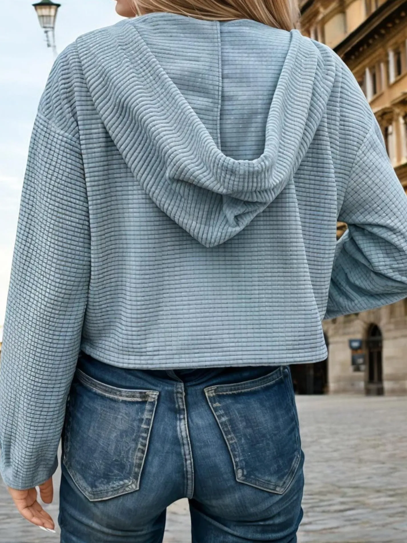 Cropped Waffle Knit Zip-Up Hoodie with Drawstring sold by Anna-Kaci product image thumbnail 4