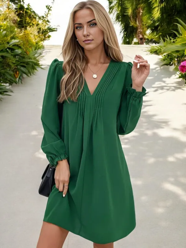 Long Sleeve V-Neck Shift Dress with Pleated Detail sold by Anna-Kaci