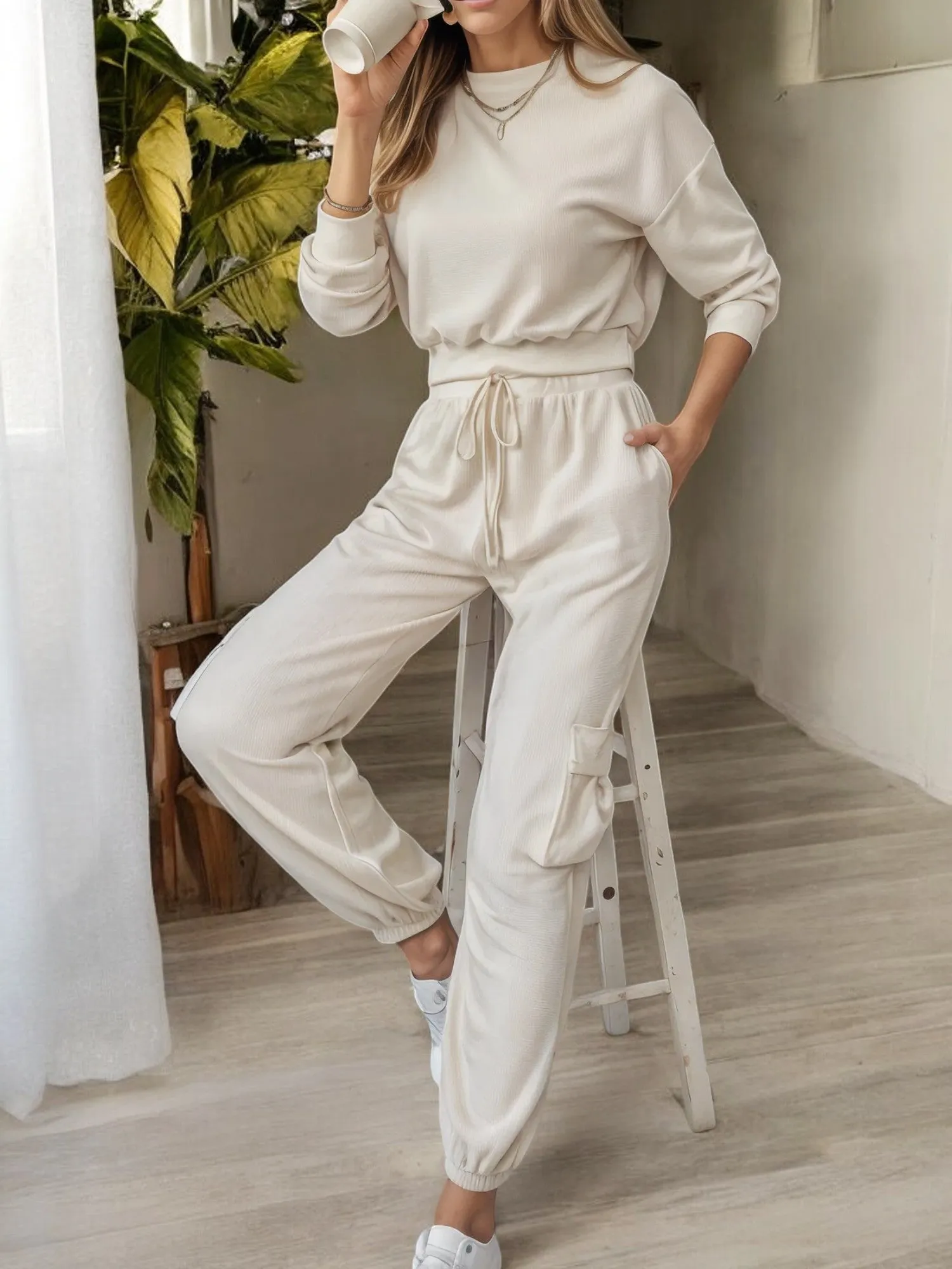 Two-Piece Lounge Set with Drawstring Waist and Cargo Joggers sold by Anna-Kaci product image thumbnail 3