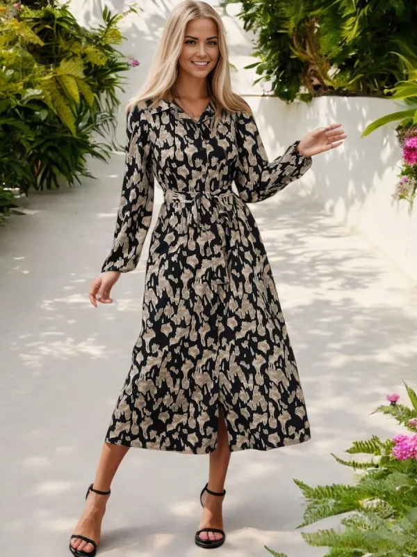 Long Sleeve Animal Print Midi Dress with Tie Waist sold by Anna-Kaci