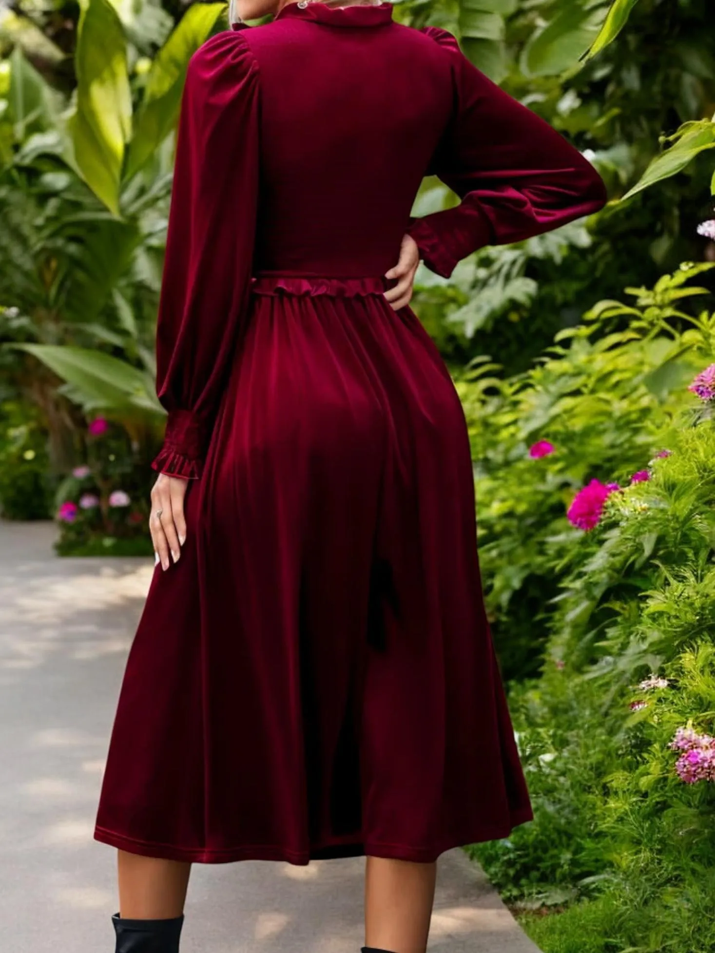 Long Sleeve Velvet Midi Dress with Ruffle Trim and Elastic Waist sold by Anna-Kaci product image thumbnail 4