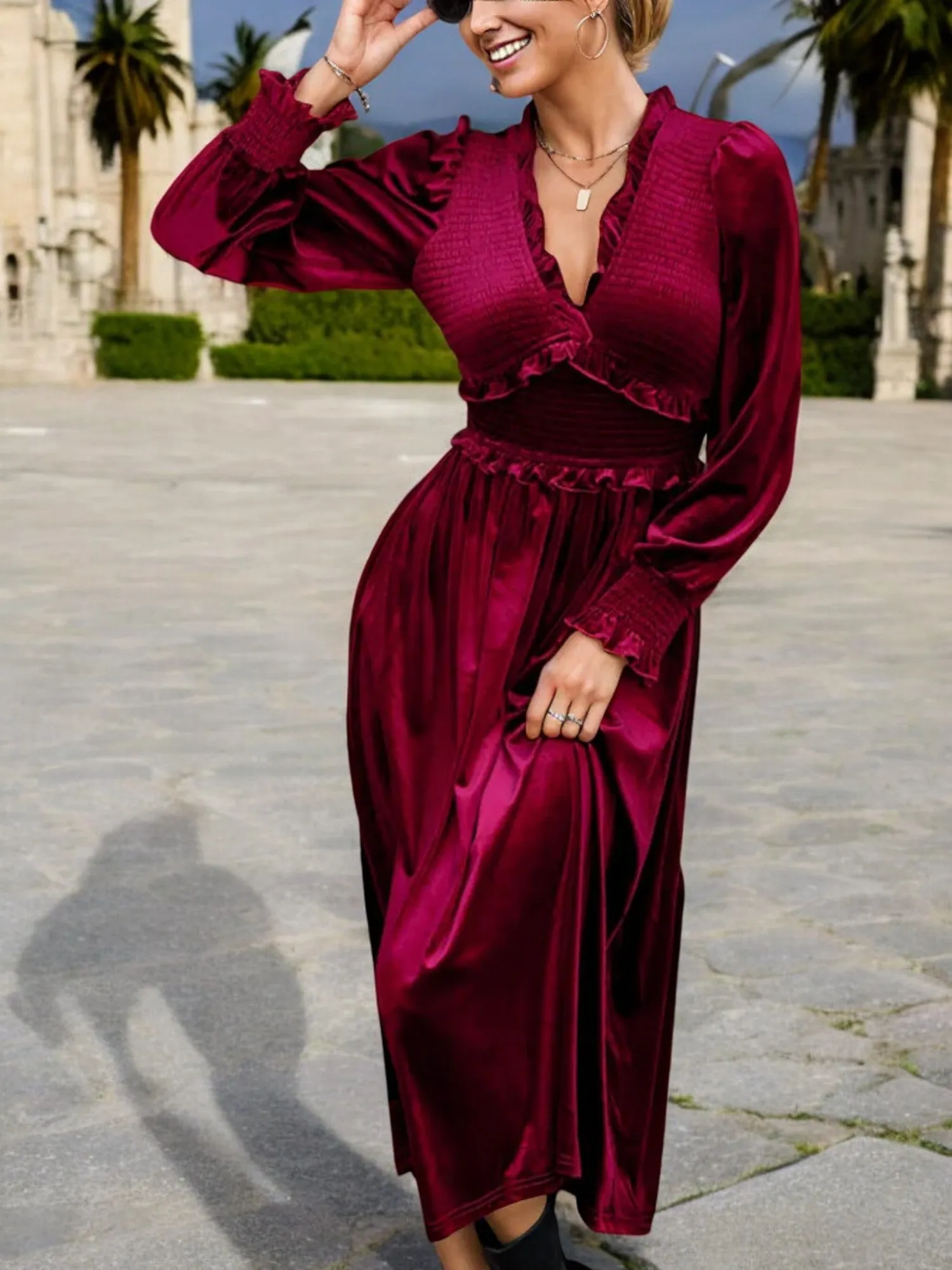 Long Sleeve Velvet Midi Dress with Ruffle Trim and Elastic Waist sold by Anna-Kaci product image thumbnail 2