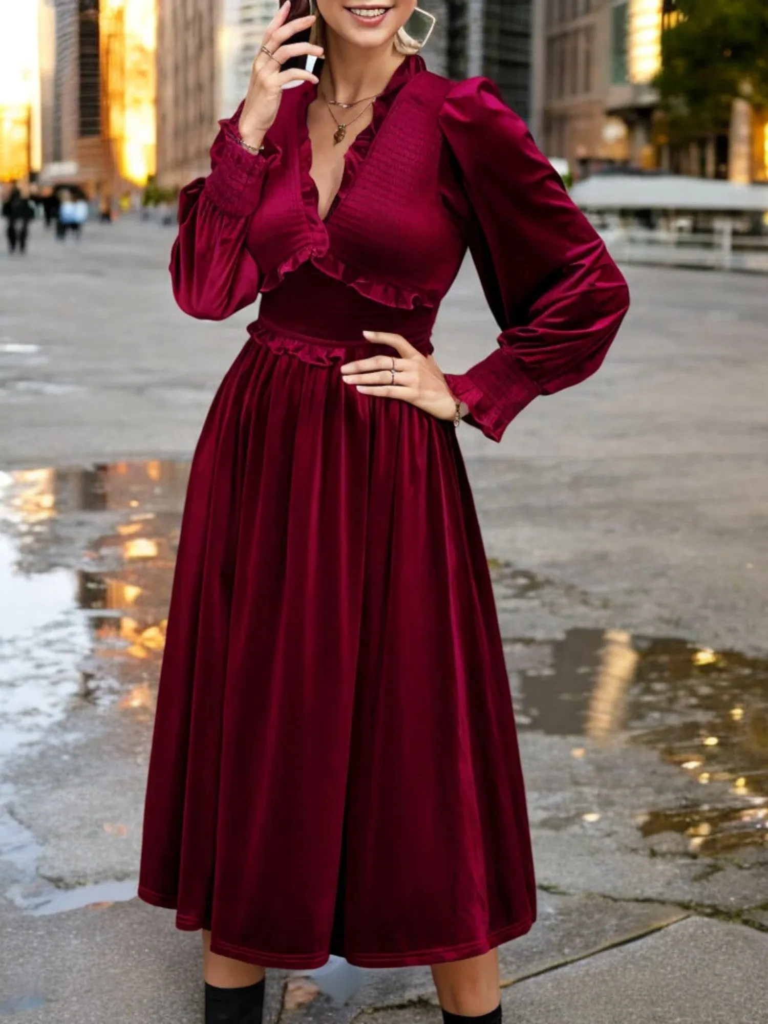 Long Sleeve Velvet Midi Dress with Ruffle Trim and Elastic Waist sold by Anna-Kaci product image thumbnail 3