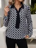 Geometric Print Long Sleeve Blouse with Tie Neck Detail sold by Anna-Kaci