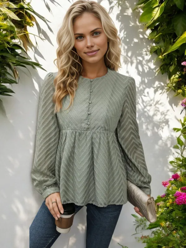 Long Sleeve Textured Peplum Blouse with Button Front Detail sold by Anna-Kaci