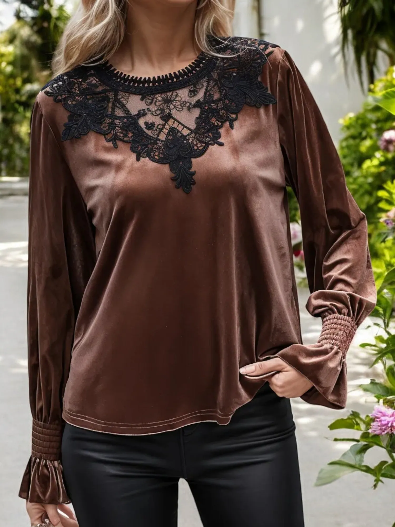 Velvet Long Sleeve Top with Lace Yoke and Smocked Cuffs sold by Anna-Kaci product image thumbnail 4