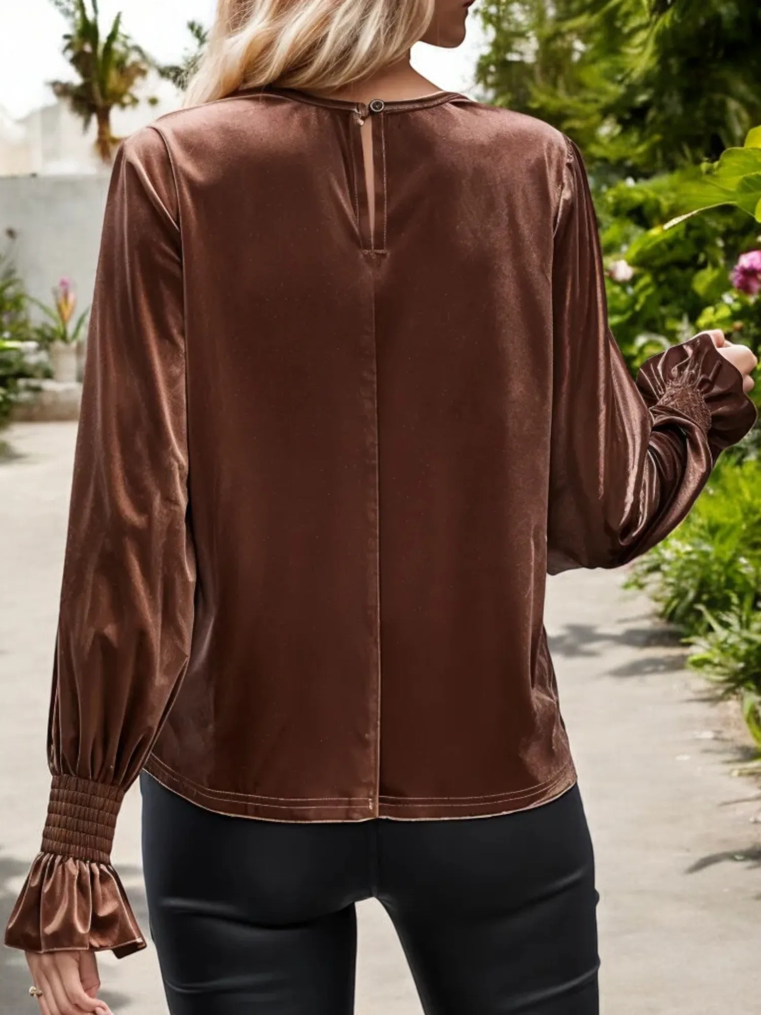 Velvet Long Sleeve Top with Lace Yoke and Smocked Cuffs sold by Anna-Kaci product image thumbnail 2